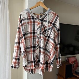 Como Vintage Plaid Hooded Button Front Shirt Size L Flannel Hoodie Top
